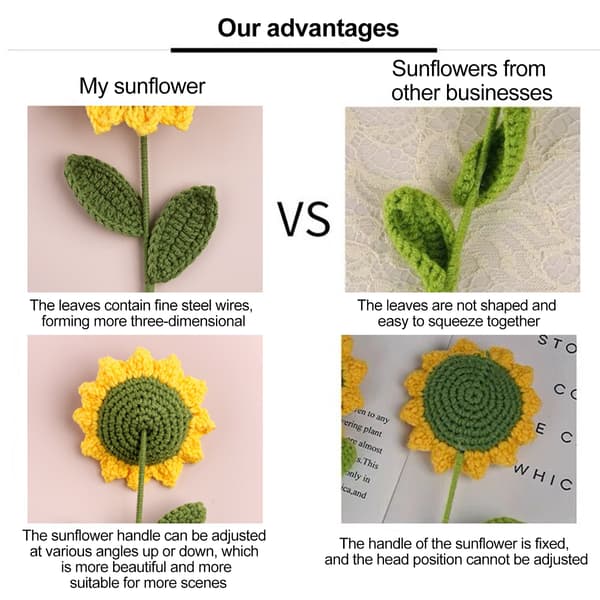 Handstickad bukett av simulerade virkade ullblommor, små prästkragar