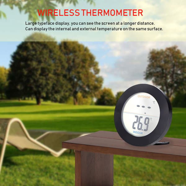 Trådløst termometer med LCD-display, indendørs/udendørs sensor, digital temperaturmåler, sort