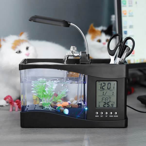 USB Genopladeligt Mini Akvarium med LED-lys og Ur, Sort