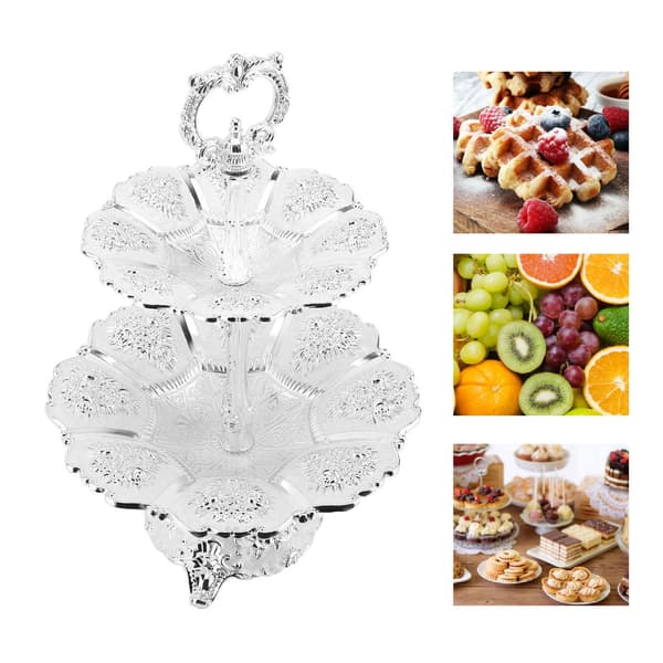 Cup Cake Tower Stand 2-våningslegering Elegant Kakdisplayhållare Serveringsbricka Silver Vit