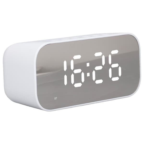 Bärbar Bluetooth-väckarklockradio, dubbla väckningslarm, dimmerkontroll, vit