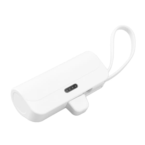 Mini 2-i-1 bærbar oplader med indbygget kabel til iOS og USB-C interface
