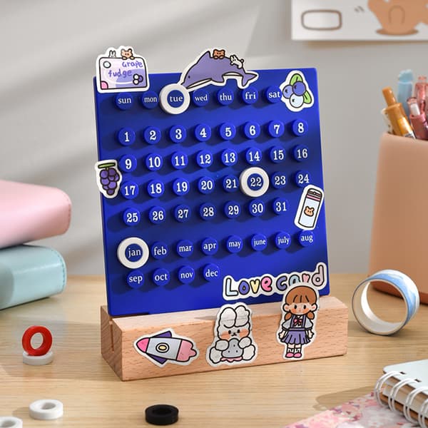 Träkalender för barn DIY handdriven utvecklar planeringsförmåga evighetskalender för hemmet blå