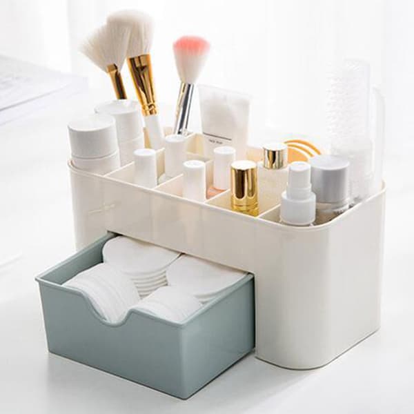 Kosmetik Makeup Organizer PP Multifunktionel 6 Rum Makeup Skrivebords Organizer med Skuffe Blå