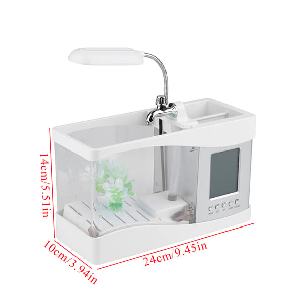 USB Uppladdningsbart Mini Skrivbordsakvarium med Klocka, LED-ljus, Vit