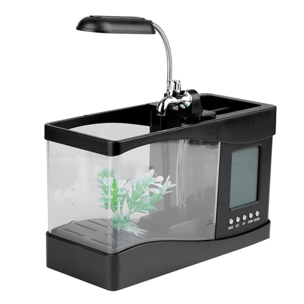 USB Genopladeligt Mini Akvarium med LED-lys og Ur, Sort