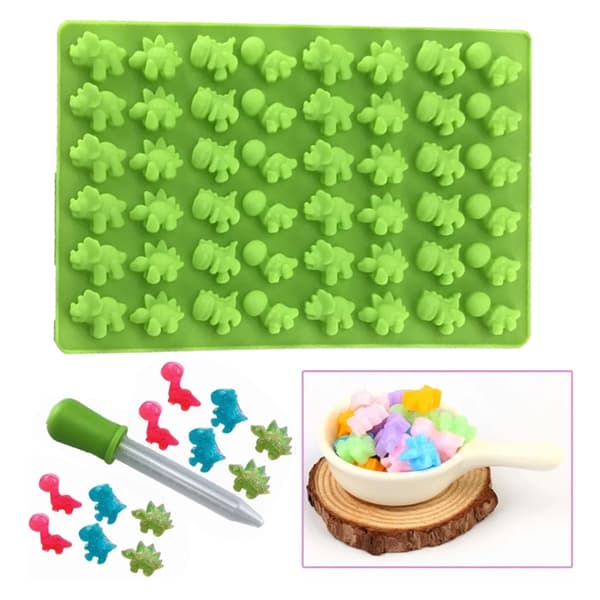 Grøn Dinosaur Silikoneform Sæt - 48 Mini Gummi Bageforme til Kage, Mousse, Budding, Chokolade