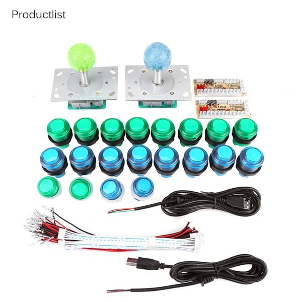 20 selvlysende arkade-trykknapper, 2 joysticks, 2 USB-encoder-kort sæt til gør-det-selv gaming kabinetprojekter