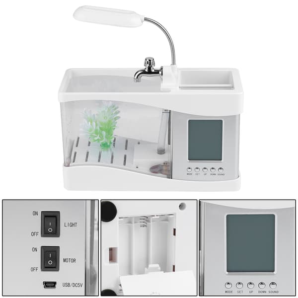 USB Uppladdningsbart Mini Skrivbordsakvarium med Klocka, LED-ljus, Vit