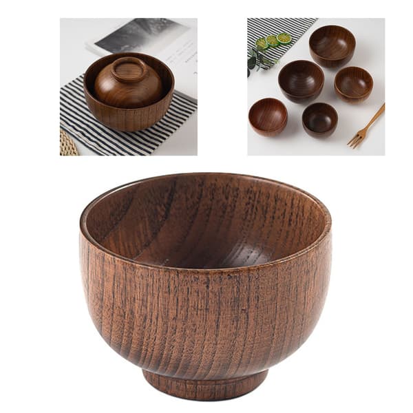 Træ Antik Japansk Suppe Ris Skål Sæt, 11x6.5cm, Rustik Husholdnings Serveringsfad til Børn og Voksne