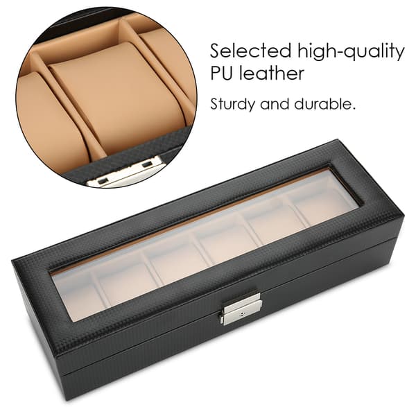 6 Gitre Kulfiber PU Læder Urholder Ur Display Etui Opbevaringsboks Organizer