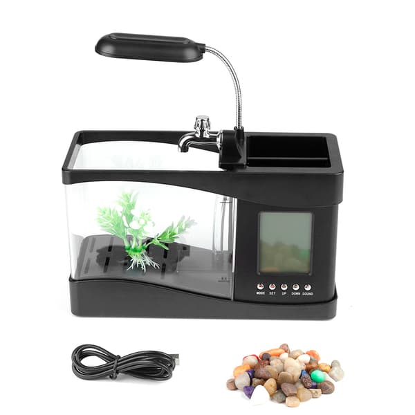 USB Genopladeligt Mini Akvarium med LED-lys og Ur, Sort