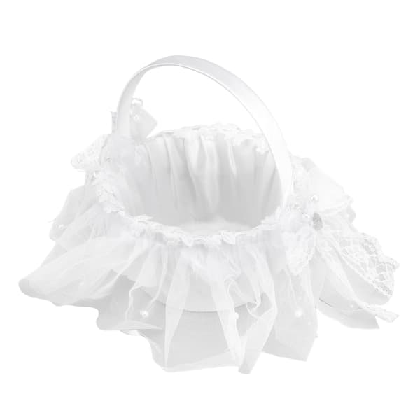 Elegant vit spets blomsterflickakorg för bröllopsceremoni rosenbladskast presentset