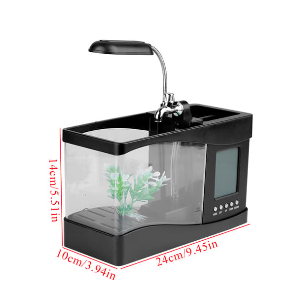 USB Genopladeligt Mini Akvarium med LED-lys og Ur, Sort