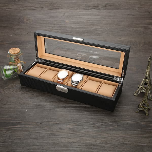 6 Gitre Kulfiber PU Læder Urholder Ur Display Etui Opbevaringsboks Organizer
