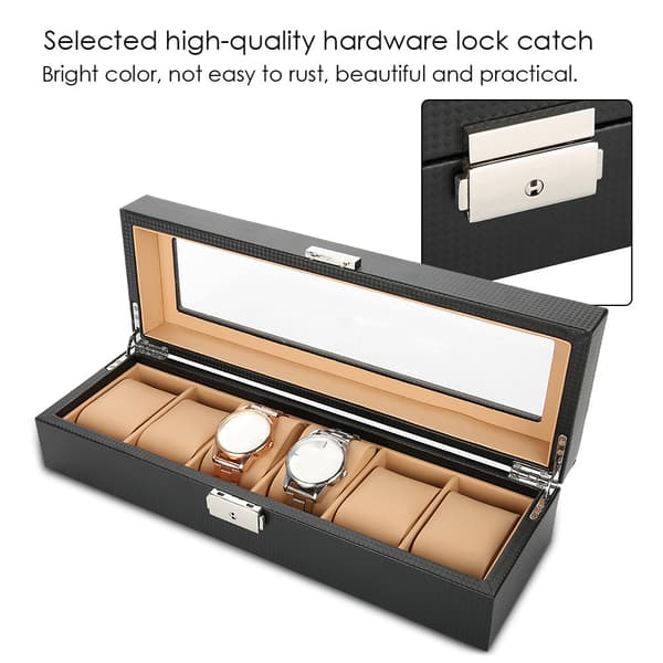 6 Gitre Kulfiber PU Læder Urholder Ur Display Etui Opbevaringsboks Organizer