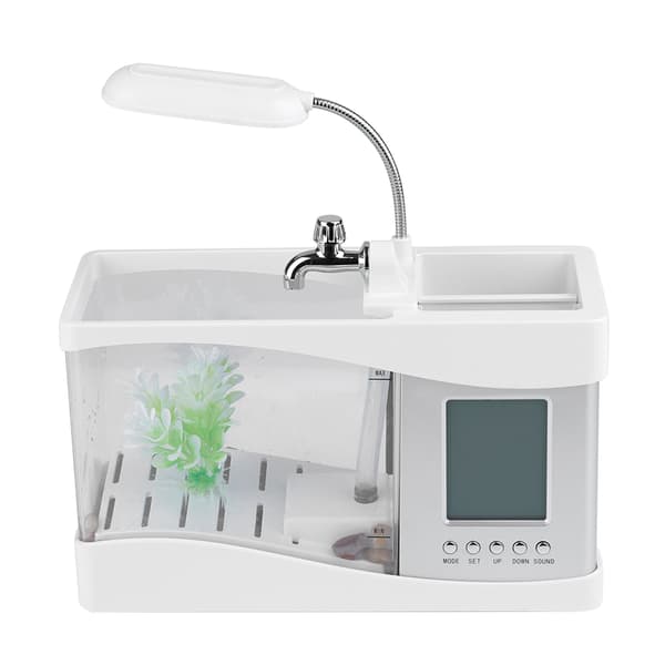 USB Uppladdningsbart Mini Skrivbordsakvarium med Klocka, LED-ljus, Vit