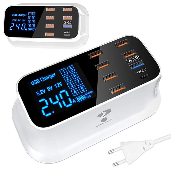 Hurtig telefonoplader 8 x USB QC 3.0 Type C