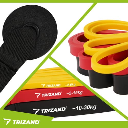 Fitness-elastikker, sæt: 3 elastikker + krog + træningsplan TRIZAND