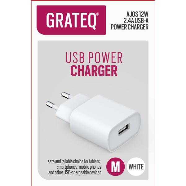 GRATEQ AJOS AC ADAPTER USB-A 12W VIT - A - Som ny