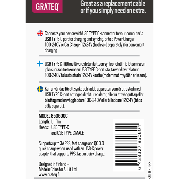 Grateq USB-C til USB-C Hurtig Opladerkabel 1M, Sort - A - Som Ny