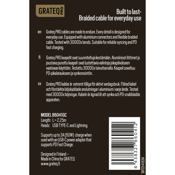 Grateq Pro USB-C - MFi Lightning-kabel 2,25m - B - Veldig bra