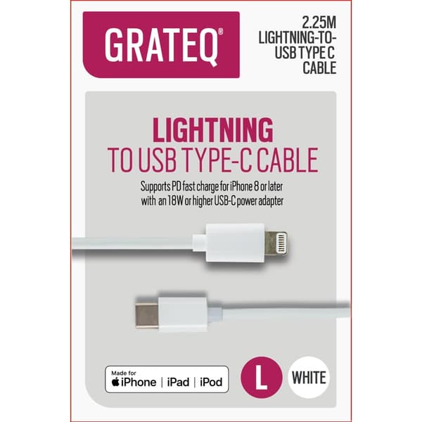 Grateq MFI Lightning USB-C 2,25M PD WH - A - Som ny