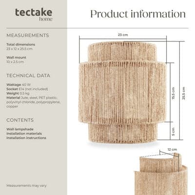 Væglampe Lignea i 3 lag, jutefiber og boho-chic design - A - Som ny