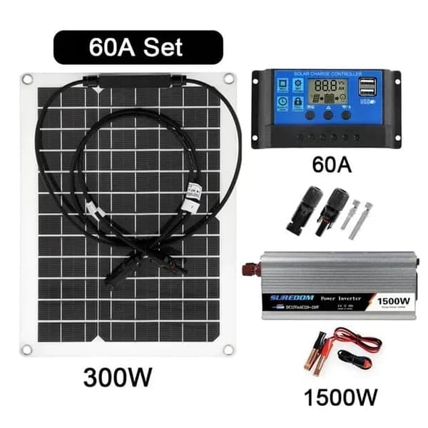 Solenergisystempakke, batterilader, 300W solcellepanel, 60A sett - A - Som ny