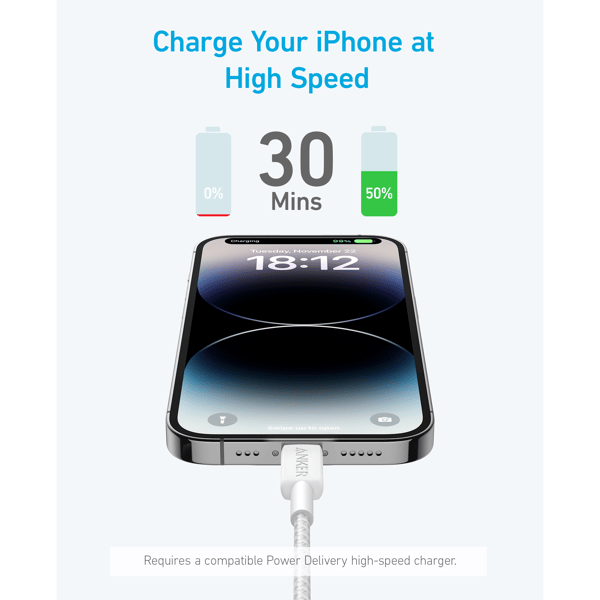 Anker 322 USB-C til Lightning-kabel 1,8m, Hvit - A - Som ny