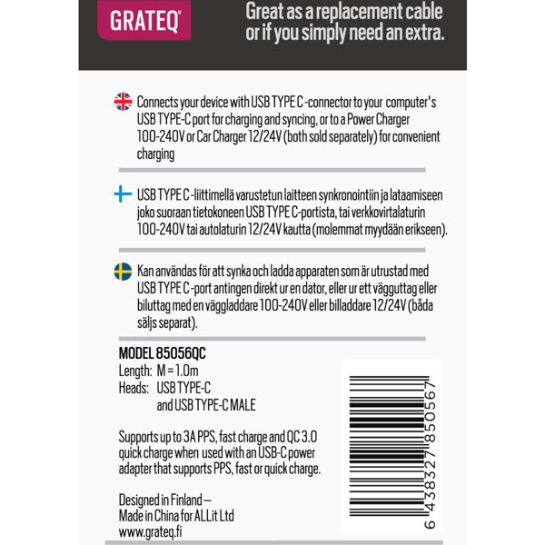 Grateq USB-C til USB-C kabel 1m, hvid - A - Som ny