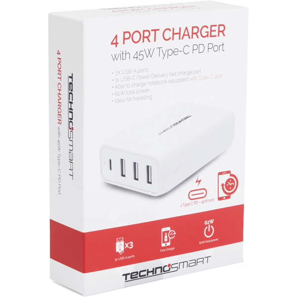 TechnoSmart 4-Port Hurtiglader PD QC3.0 - A - Som Ny