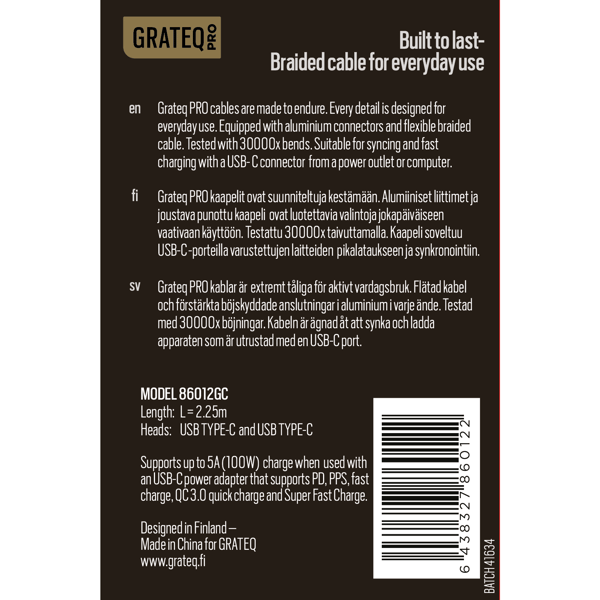 Grateq Pro USB-C til USB-C-kabel 100 W 2,25 m - A - Som ny