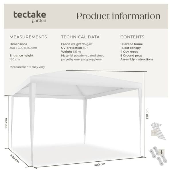Tectake Pavillon Farah, Hvid, 3 x 3 m - C - Mindre Slid