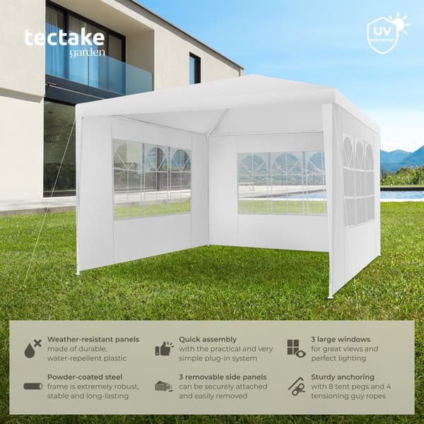 Hvid tectake Pavillon Barinas med 3 sidepaneler, vandafvisende, 3x3m - C - Mindre Slid