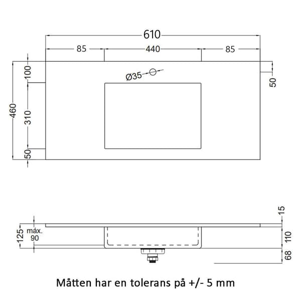 Tenfors Flow Solid Surface Tvättställ 61 cm, Matt Vit - A - Som ny