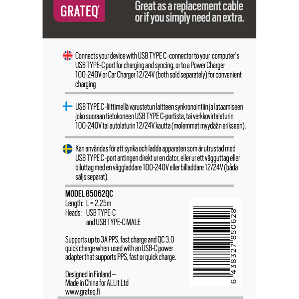 Grateq USB-C til USB-C Ladekabel Rask 2.25M - A - Som Ny