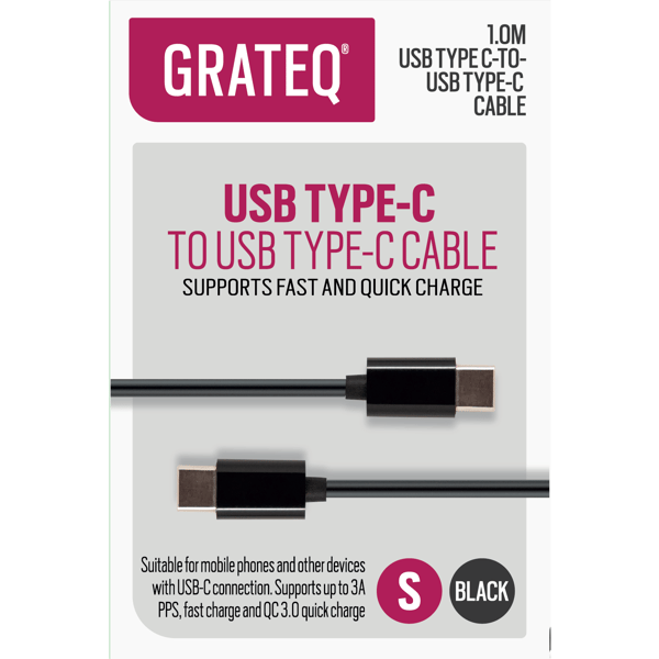 Grateq USB-C til USB-C Hurtig Opladerkabel 1M, Sort - A - Som Ny