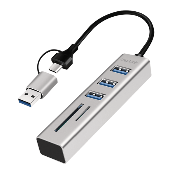 Hub USB 3.0 LogiLink 3xUSB-A SD/microSD-kortlæser 2-i-1 USB-A/USB-C 5 Gbps