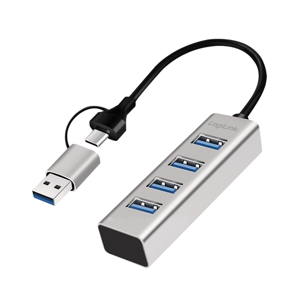 LogiLink USB 3.0 Splitter 4x USB-A med 2-i-1 USB-A/USB-C 5Gbs Kabel Sølv