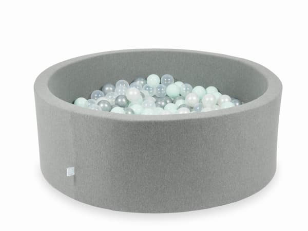 Tør grå pool 110x40 med 500 bolde: transparent, perlemor, sølv, lys mint