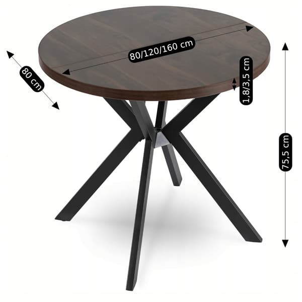 DORIAN Rundt Udtræksbord 80-160 cm Valnød/Sort Moderne Loft