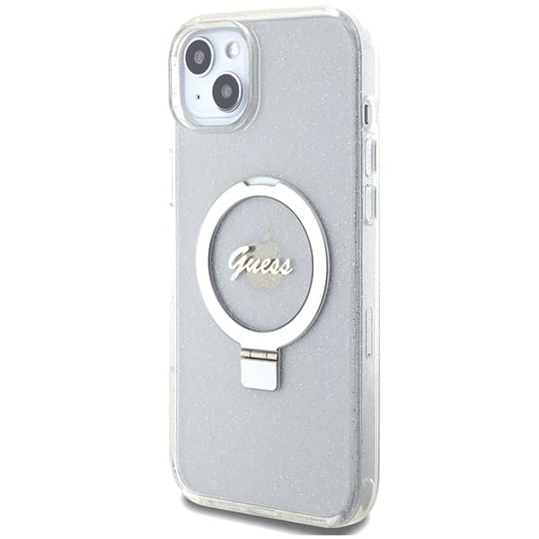 Guess Ring Stand Script Glitter MagSafe -kotelo iPhone 15 Plussalle, kirkas