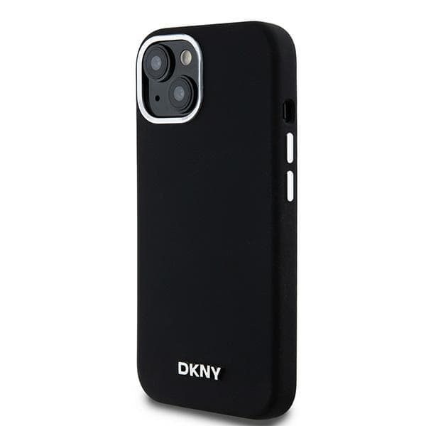 DKNY Silikone Lille Metal Logo MagSafe-cover til iPhone 15 Plus, Sort