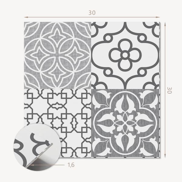 Vinyylilaatat keittiöaiheella, geometriset kuviot 9x30x30 cm:n asettelussa