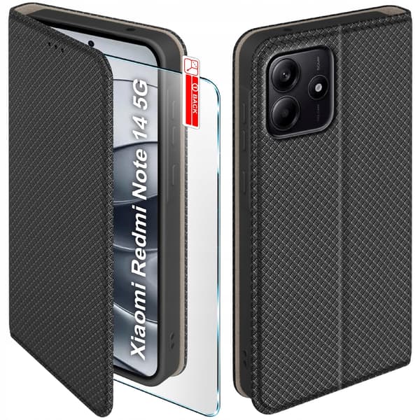 Etui til Xiaomi Redmi NOTE 14 5G SMART MAGNET BOOK LUKKET SORT + Glas