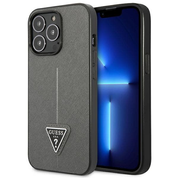 Guess Saffiano Triangle Logo-etui til iPhone 14 Pro, sølv