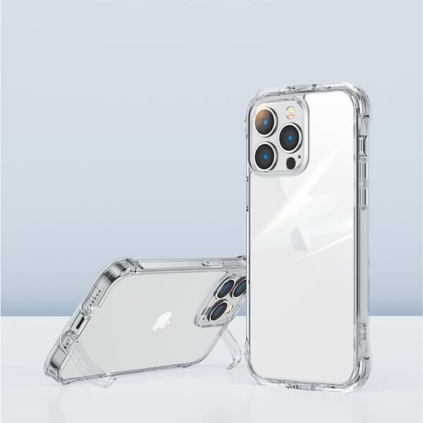 iPhone 14 Plus -suojakuori, jossa koukut ja läpinäkyvä jalusta