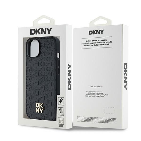 DKNY Lædermonogrammønster Metal Logo MagSafe-etui til iPhone 14, Sort