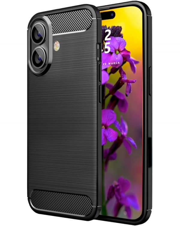 Etui til iPhone 16 CARBON CASE COVER SORT CASE + GLAS